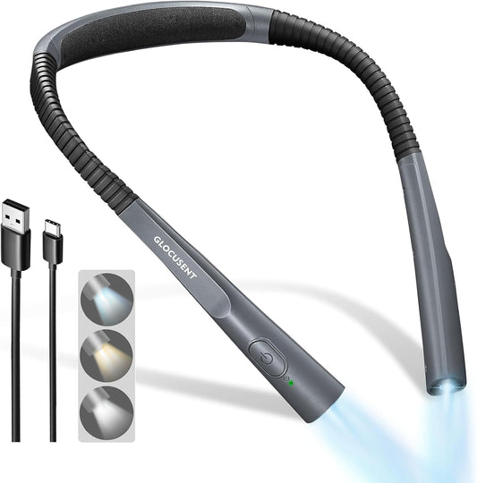 Glocusent Upgraded LED Neck Reading Light, Book Light for Reading in Bed, 30-min Timer, 3 Colors & 3 Brightness Adjustable, Rechargeable & Long Lasting, Perfect for Reading, Knitting
