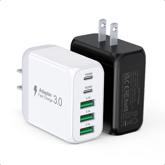 50W USB C Wall Charger Block, 2Pack 5-Port C Charger Fast Charging Block PD Power Adapter+QC Multiport Type C Box Brick Cube USB A Wall Plug for iPhone 15/16/17 Pro Max Plus, iPad,Galaxy S24/S23