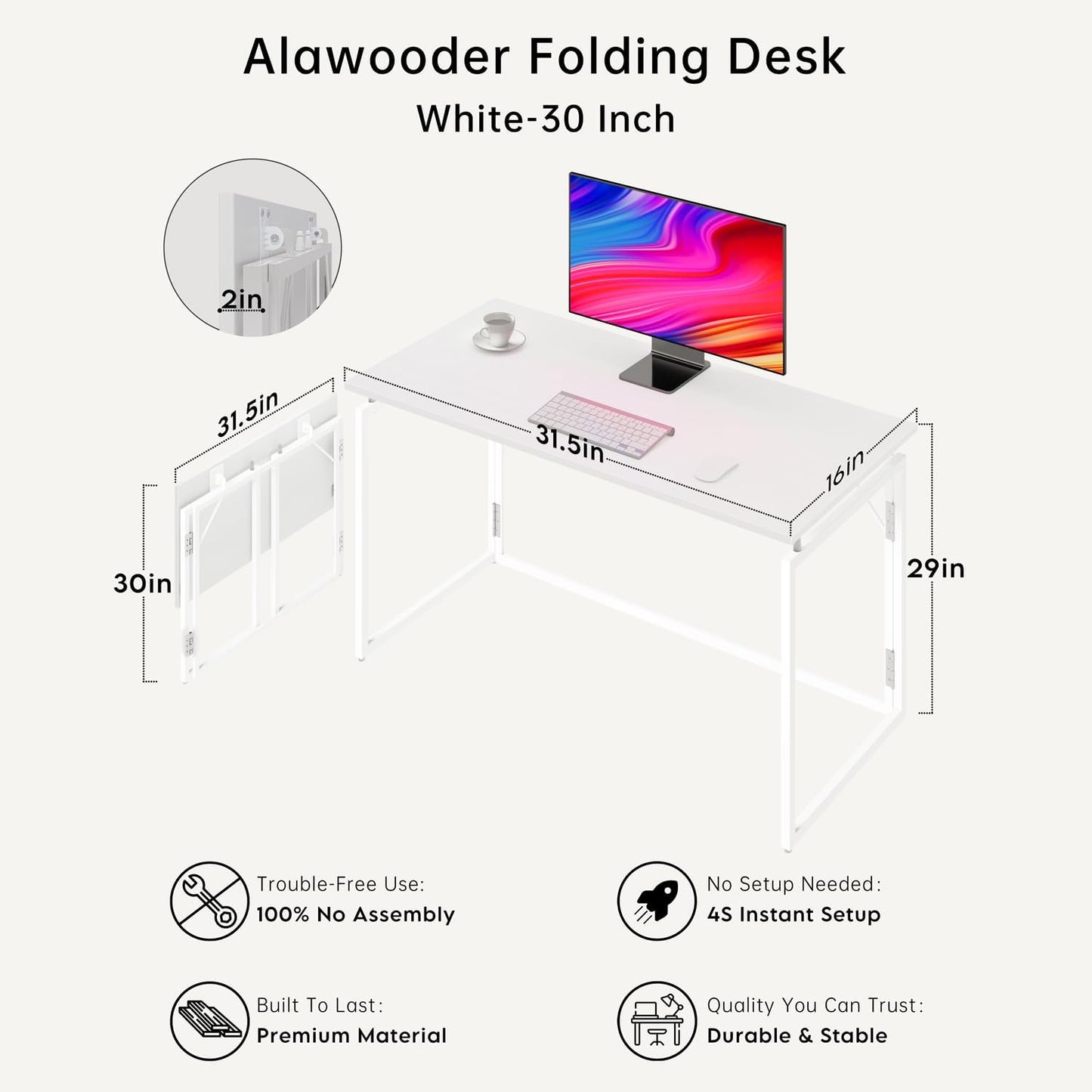 alawooder Folding Desk - 31.5" Wood Top Foldable Desk for Small Spaces | No Assembly Required Compact Desk for Home Office, Writing, and Study
