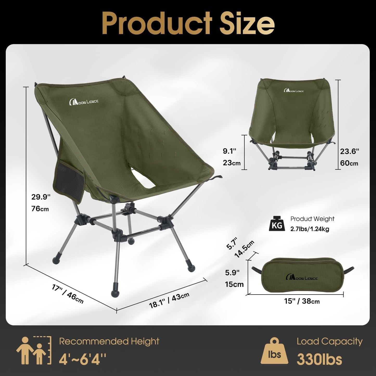 MOON LENCE Portable Camping Chair Plus, Larger & Roomier, Compact and Lightweight Still, Folding Chair for Backpacking & Hiking, 330Lbs Capacity (Moss Green-2pack)