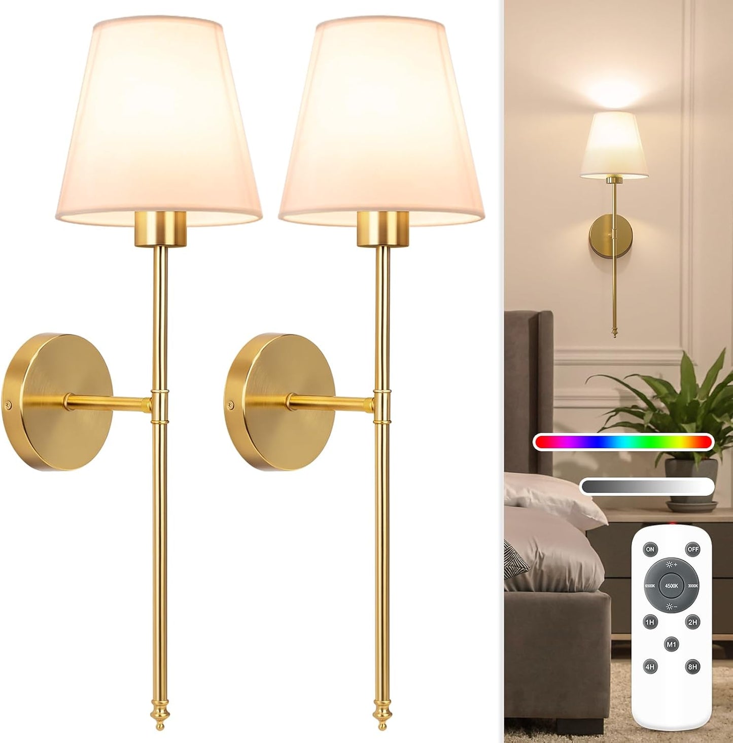 NIORSUN Battery Operated Wall Sconce Set of 2,Gold Rechargeable Wall Lights with 10400mAh Dimmable Bulbs and Remote,10 Colors Wireless Wall Lamps for Bedroom Living Room Hallway Decor