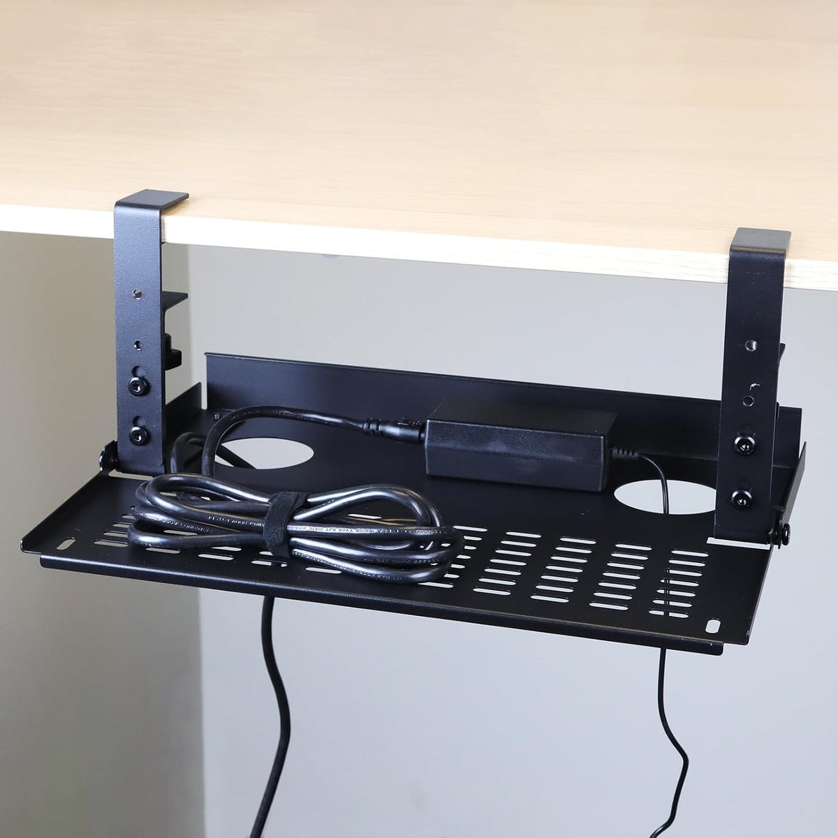 AEONS Universal Under Desk Cable Management Tray-Clamp Mount Hinged Swing Modesty Panel Organizer for Office Desks, Easy Access Flip-Down Position Power Strip Cord Storage No-Drill, 25 lb Capacity