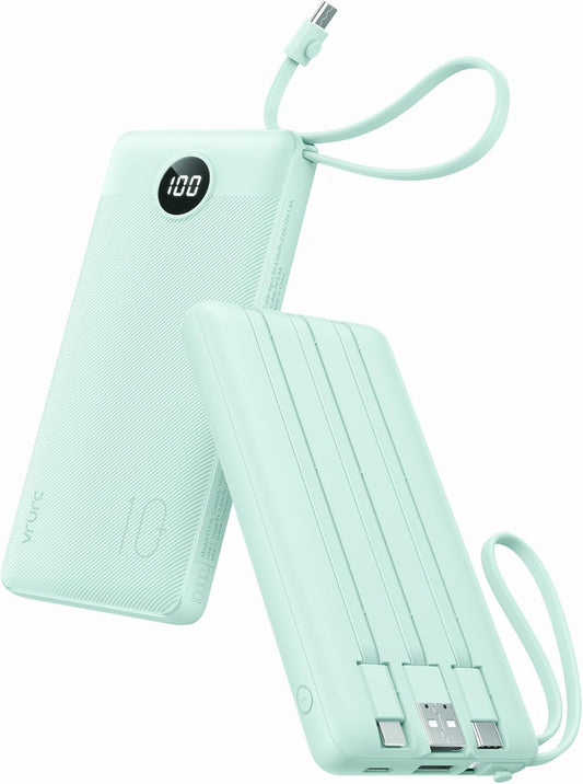 VRURC Portable Phone Charger for iPhone, 10000mAh Power Bank Built in Cables & Lanyard, Slim USB C Battery Bank 5 Outputs for Multi Devices,Travel Essential for College Students Teen Boys Girls-Green