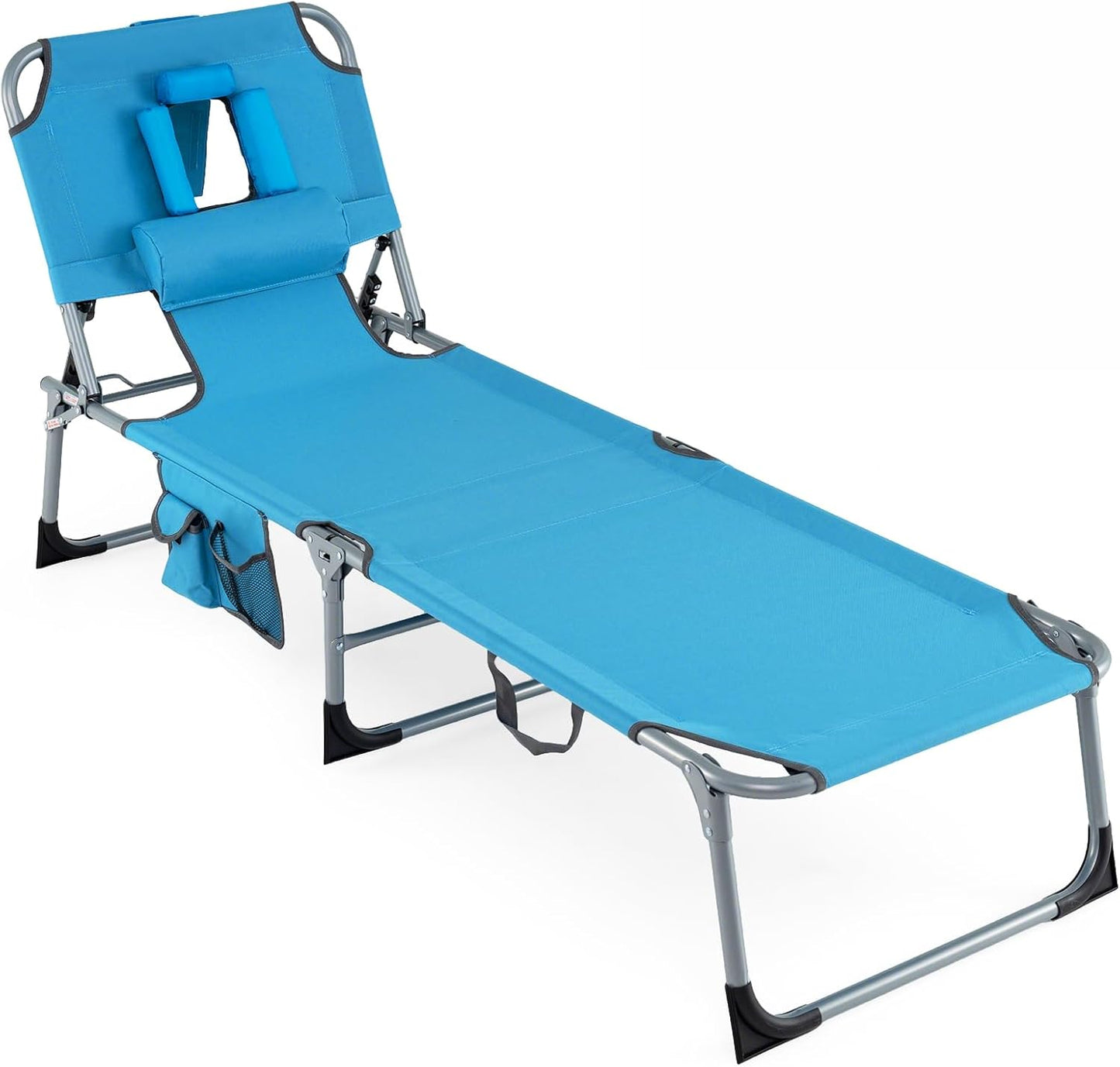 COSTWAY Tanning Chair with Face Hole, Folding Beach Lounge Chair with 4-Position Adjustable Backrest, Pillow & Side Pocket, Foldable Chaise Lounge Chair Outdoor for Sunbathing, Camping (1, Blue)