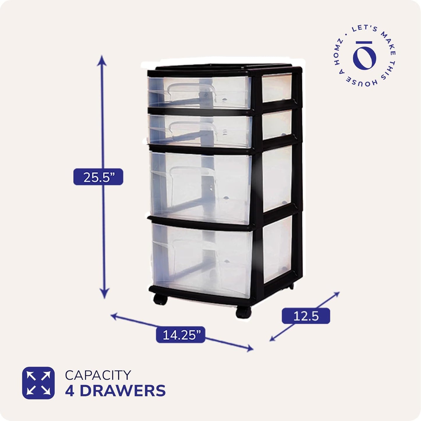 HOMZ Drawer Tower, 4-Tier Clear Plastic Storage Organizer Cart, Black Frame - Rolling Drawers with Wheels for Desk, Dresser, Cabinet, Bedroom, Bathroom, Closet, Classroom, and Office Organization