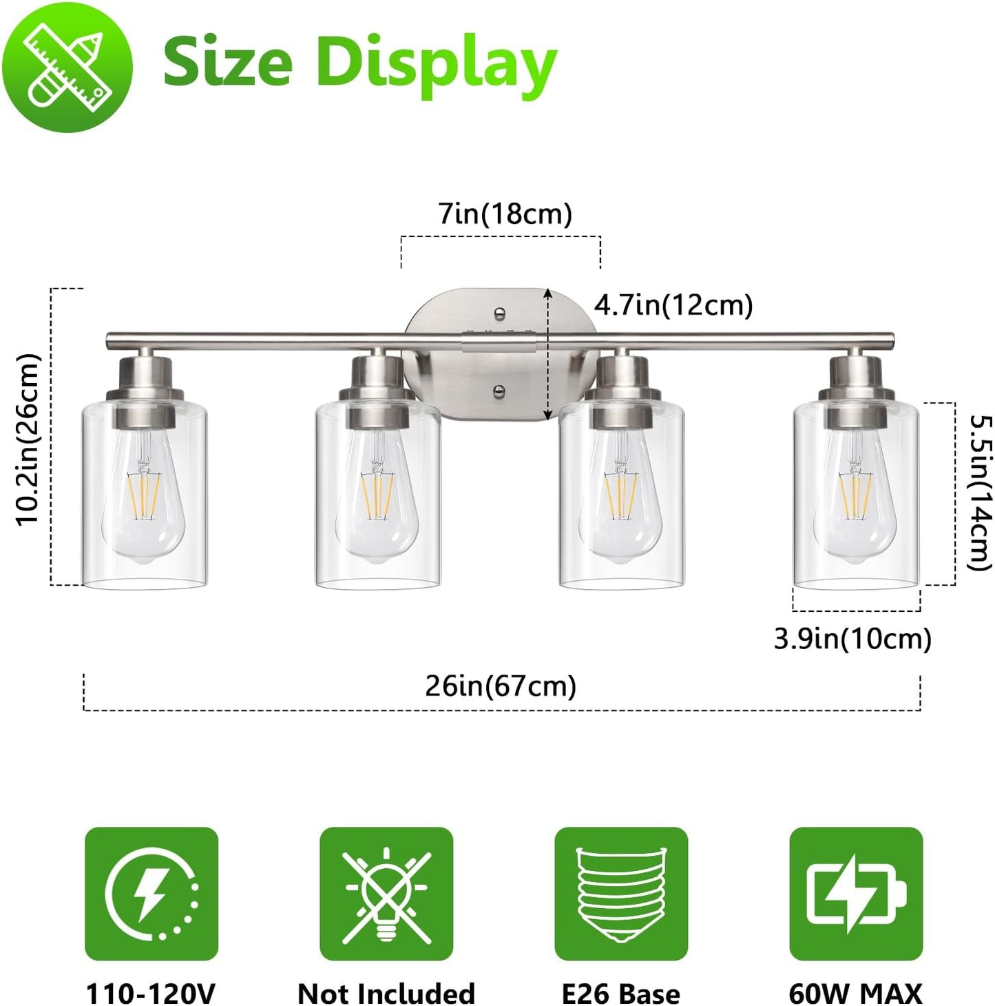 Ascher 4-Light Bathroom Light Fixtures, Modern Vanity Lights with Clear Glass Shade, Brushed Nickel Wall Lamp for Bathroom Mirror Hallway Cabinet Porch