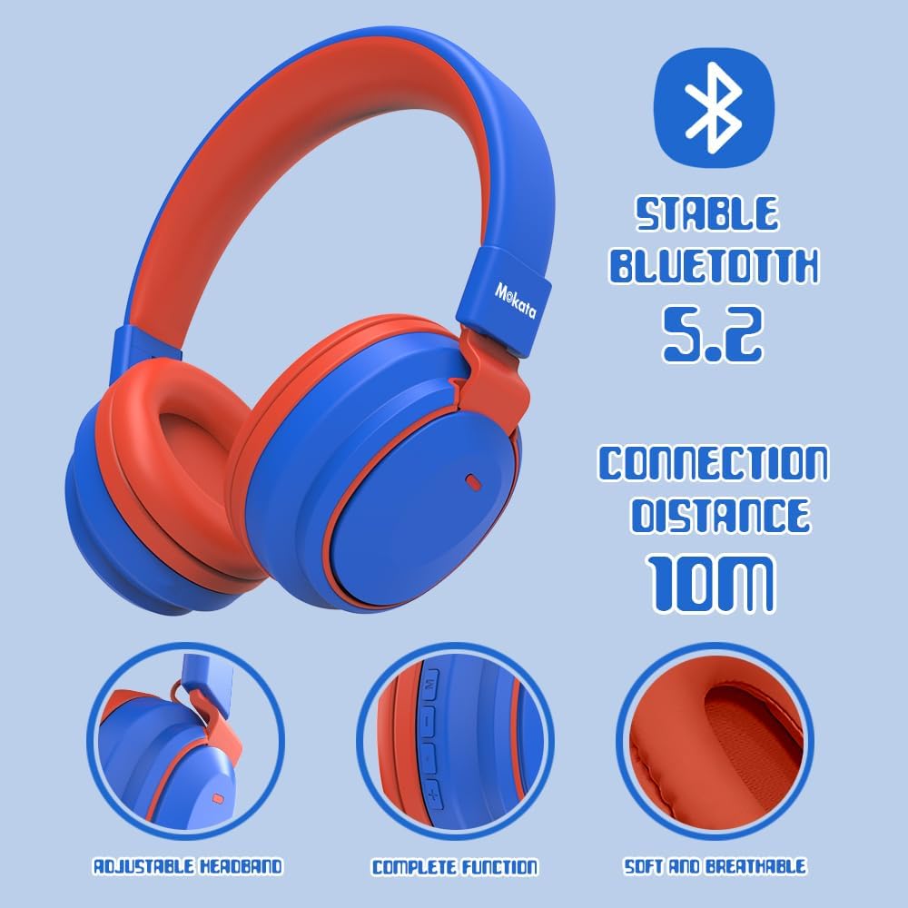 Mokata Kids Headphones Bluetooth 5.3 Wireless Lightweight Fast Charging 68 Hours Play Time Volume Limited 85/94dB Over Ear Foldable with Built-in Mic for Toddler Boy Girl Tablet Pad Blue