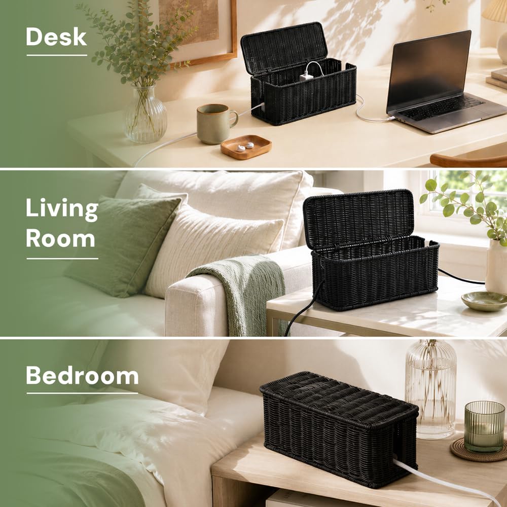 Cable Management Box, Handmade Rattan Cord Organizer for Power Strip | Open Slots Cord Hider for Power Strip, Router & USB Hub, Registered U.S. Design Patent