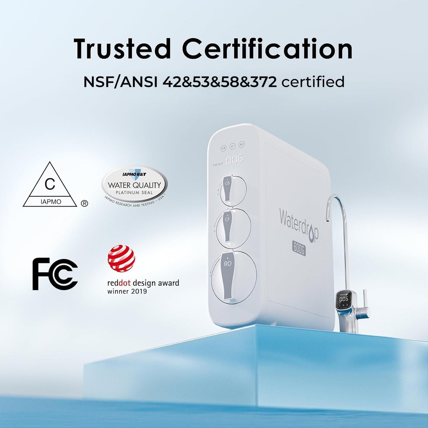 Waterdrop G3P600 Reverse Osmosis System, 8 Stage Tankless Reverse Osmosis Water Filter, NSF/ANSI 42 & 53 & 58 & 372 Certified, Under Sink RO System, 2:1 Pure to Drain, Smart LED Faucet