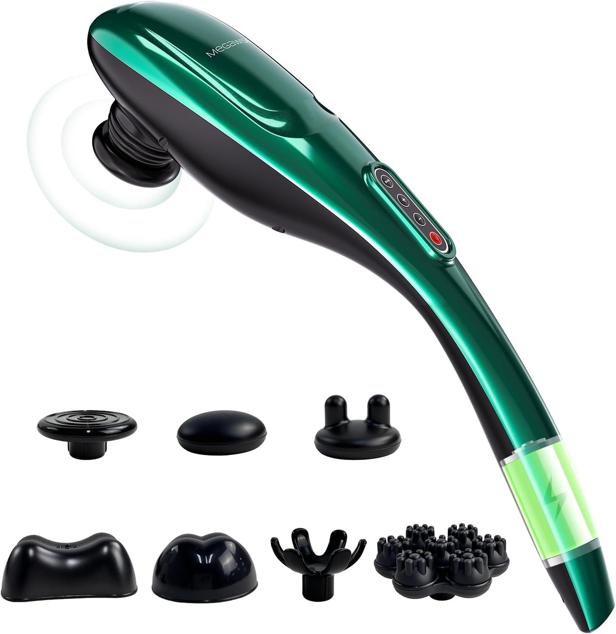 MEGAWISE Cordless Handheld Back Massager w/Rechargeable 3200mAh Battery, 5 Speed and 5 +2 Massage Nodes with Hard, Medium and 2 Soft Silicone Nodes; Massage While Moving Around (Pearl White)