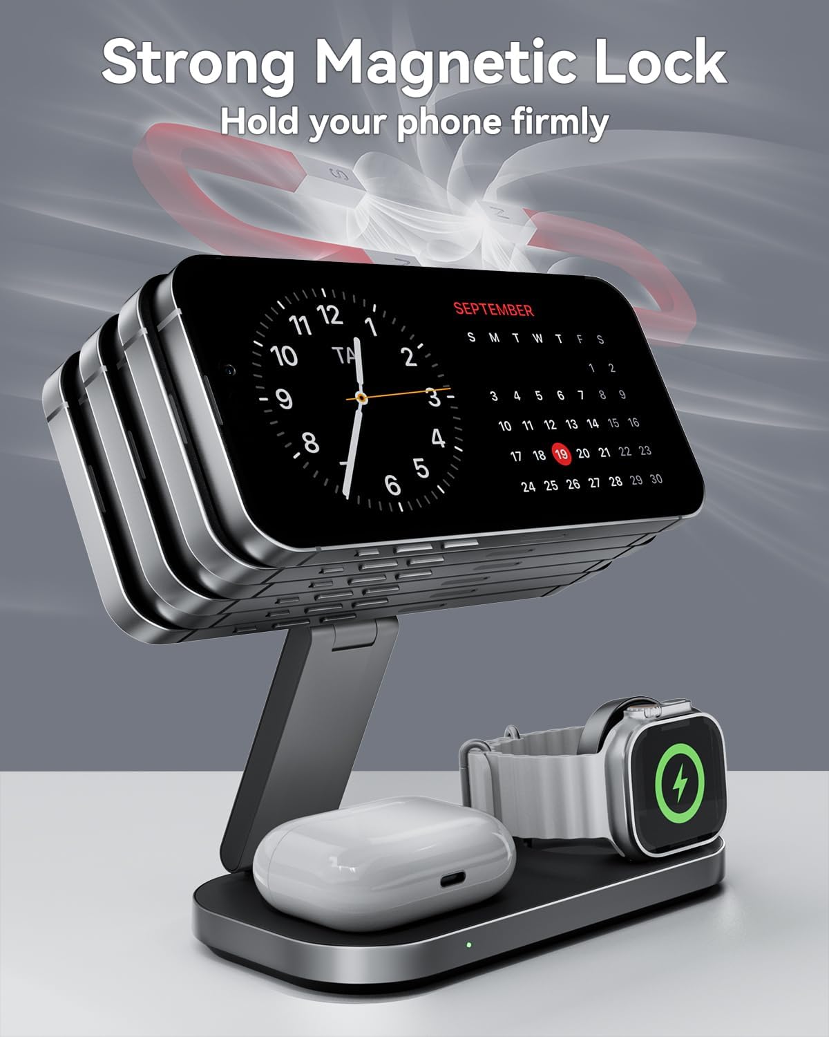 3-in-1 Charging Station for Apple Device, Qi2 25W Certified Magnetic Wireless Foldable Fast Charger Stand Compatible with MagSafe for iPhone 17e/17/16/15/14/13/12/Air Series, Apple Watch & AirPods