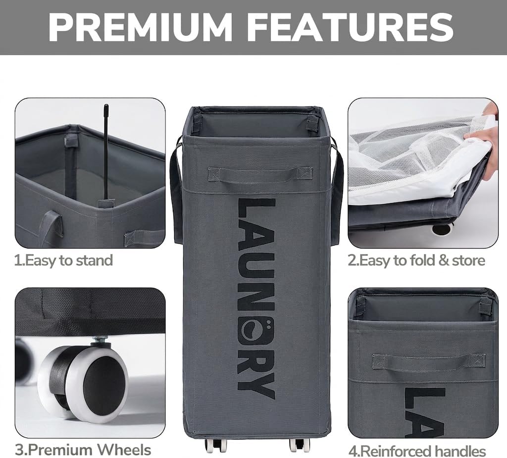 Goodpick Laundry Basket with Wheels, Laundry Hamper with Removable Wash Bag, Clothes Hamper, Rolling Laundry Basket, Dorm Room Essentials, 75L, Grey