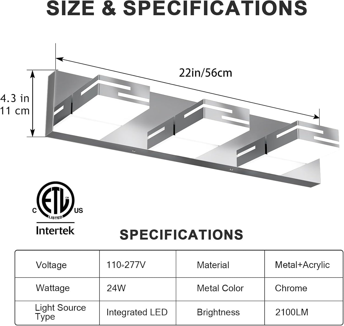 LED Modern Bathroom Vanity Light Fixtures, Dimmable Chrome Vanity Lights for Bathroom Lighting Fixtures Over Mirror, with 360° Rotatable Heads 3-Light 22-inch (Cool White 6000K)