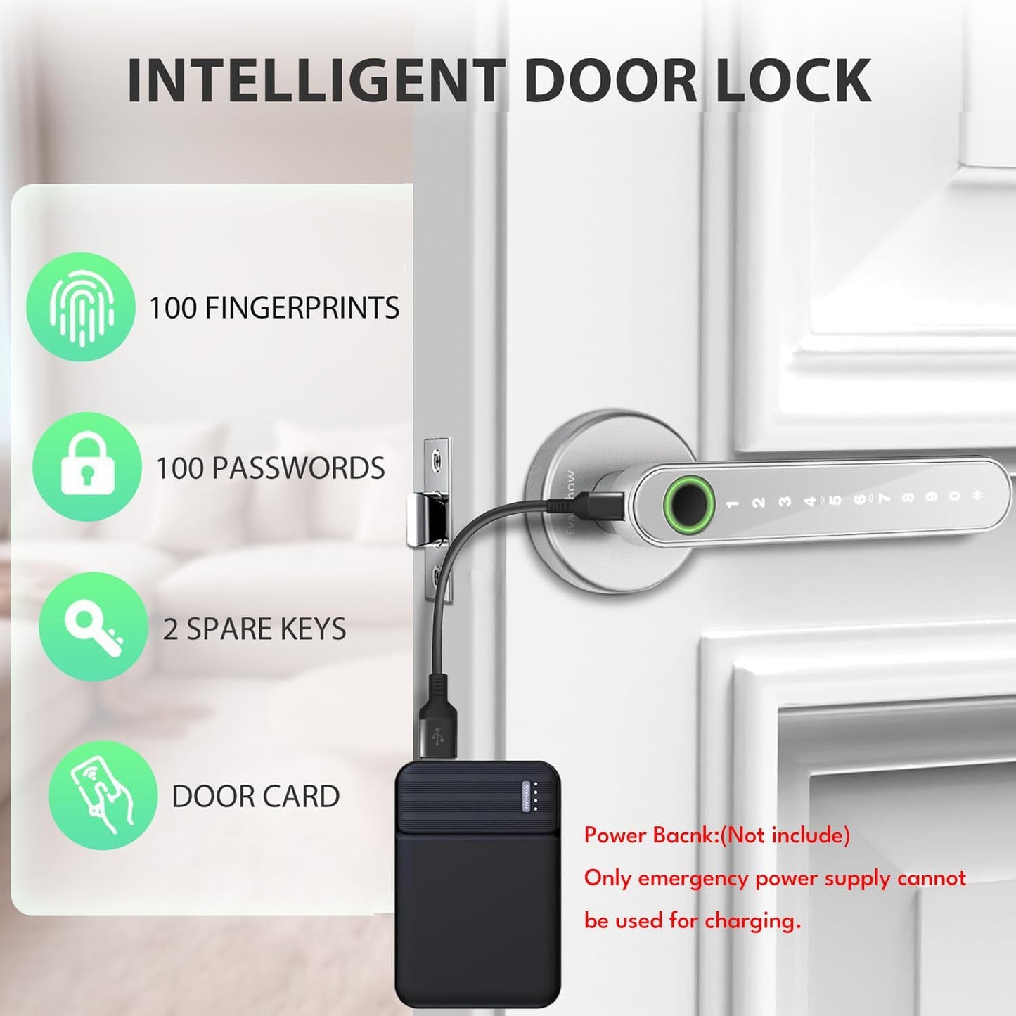 Fingerprint Door Lock Biometric Door Knob with Keypad Keyless Entry, Door Locks for Bedrooms, Home Hotel Office Apartment Silver