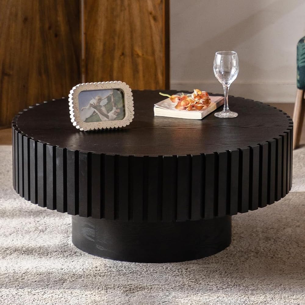 Round Fluted Coffee Table (Circle Black 31.5in) | Round Drum Coffee Table for Living Room | Modern Circular Pedestal Center Table