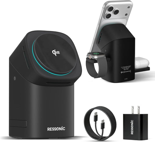 3 in 1 Wireless Charging Station for Apple & Samsung, 15W Fast Magnetic Wireless Charger Stand for Magsafe iPhone 17/16/15/14/13/12 Pro Max, Galaxy S25/24/23/22, AirPods, iWatch (with 30W Adapter)