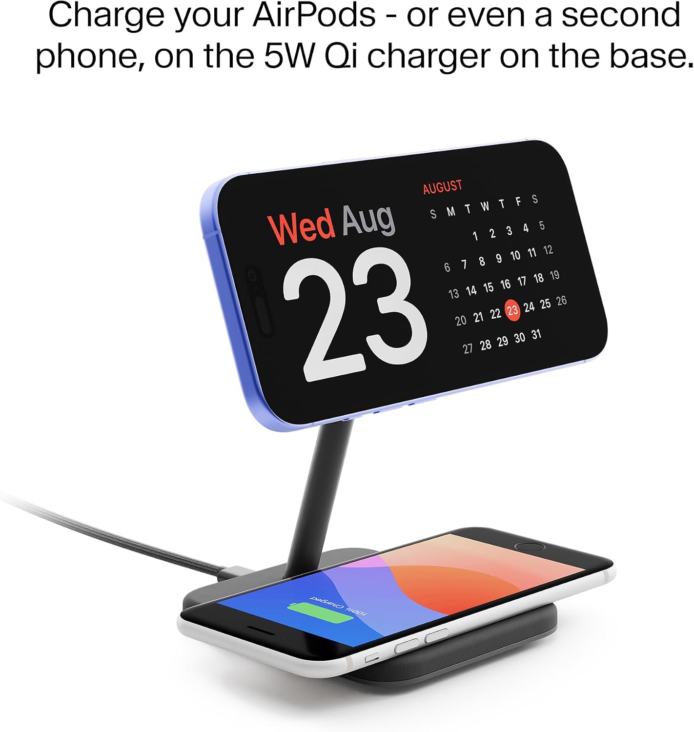Twelve South HiRise 2 Deluxe 2-in-1 Wireless Charging Station, Black | The Qi2 magnetic arm delivers 15W to your iPhone while the 5W base tops up AirPods Pro; tilts 70 degrees for StandBy mode.