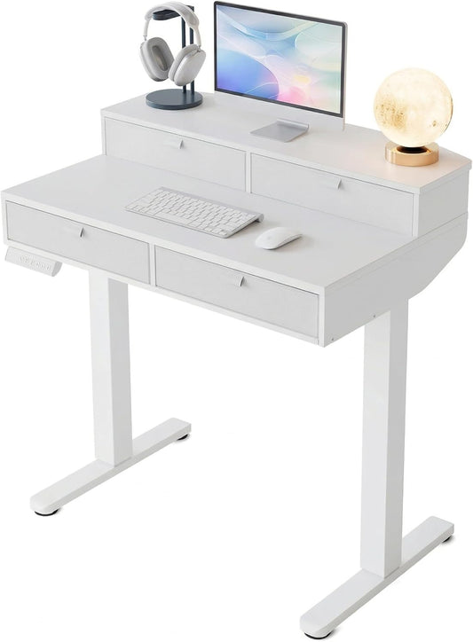 HUANUO 32 X 20 inch Electric Standing Desk with 4 Drawers, Adjustable Height Sit Stand Home Office Desk, C-Clamp Mount Compatible, Ergonomic Stand up Desk with 4 Preset Heights, White