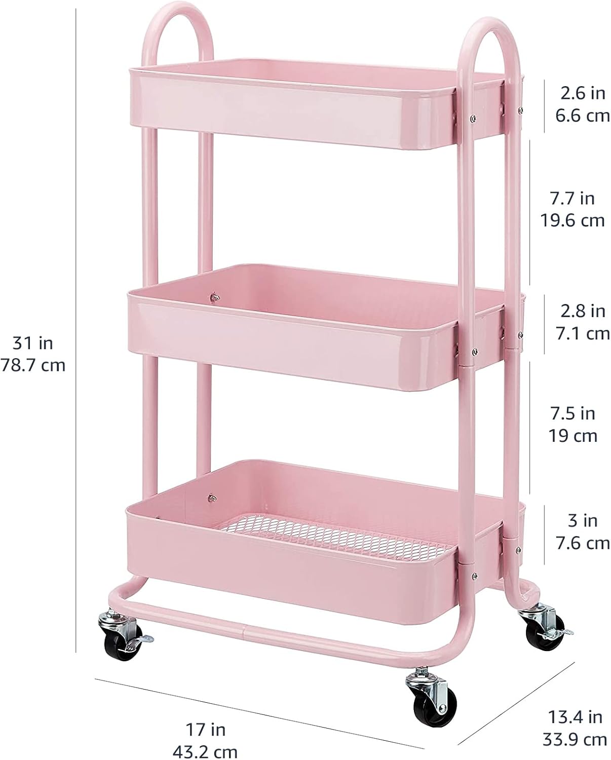 Amazon Basics 3-Tier Rolling Utility or Kitchen Cart, Lockable Wheels, Multifunctional Storage, Metal Storage Organizer, Portable, Dusty Pink