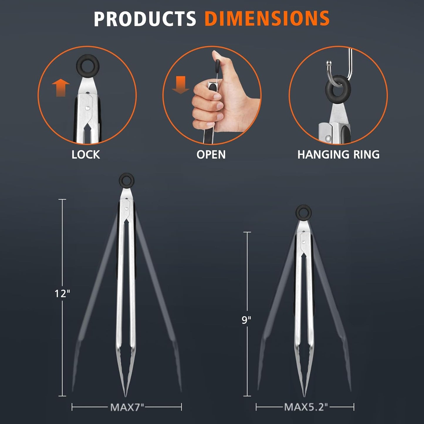 Hotec Stainless Steel Kitchen Tongs, Set of 2-9" and 12", Locking Metal Food Tongs for Cooking, Serving, BBQ, Grill Non-Slip Grip