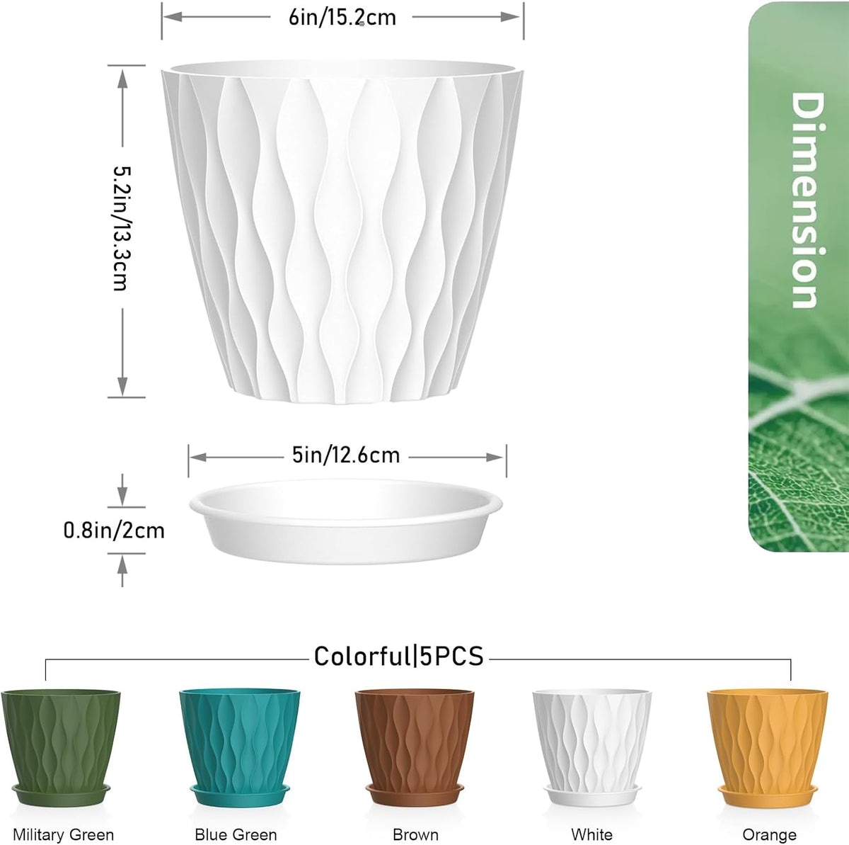 Meowell 6 inch Plant Pots, 5Pack Water Ripple Flower Pots for Indoor Outdoor Plants, Plastic Planters with Drainage Holes and Saucers, Nursery Pots for Small Succulent Garden House Plants, Multicolor