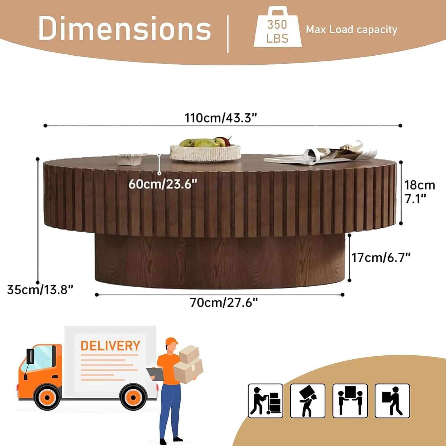 Mid Century Modern Oval Fluted Coffee Table (L) | Handcraft Drum Coffee Table, Sturdy Pedestal, Wood Veneer Top, for Living Room Reception Room Farmhouse