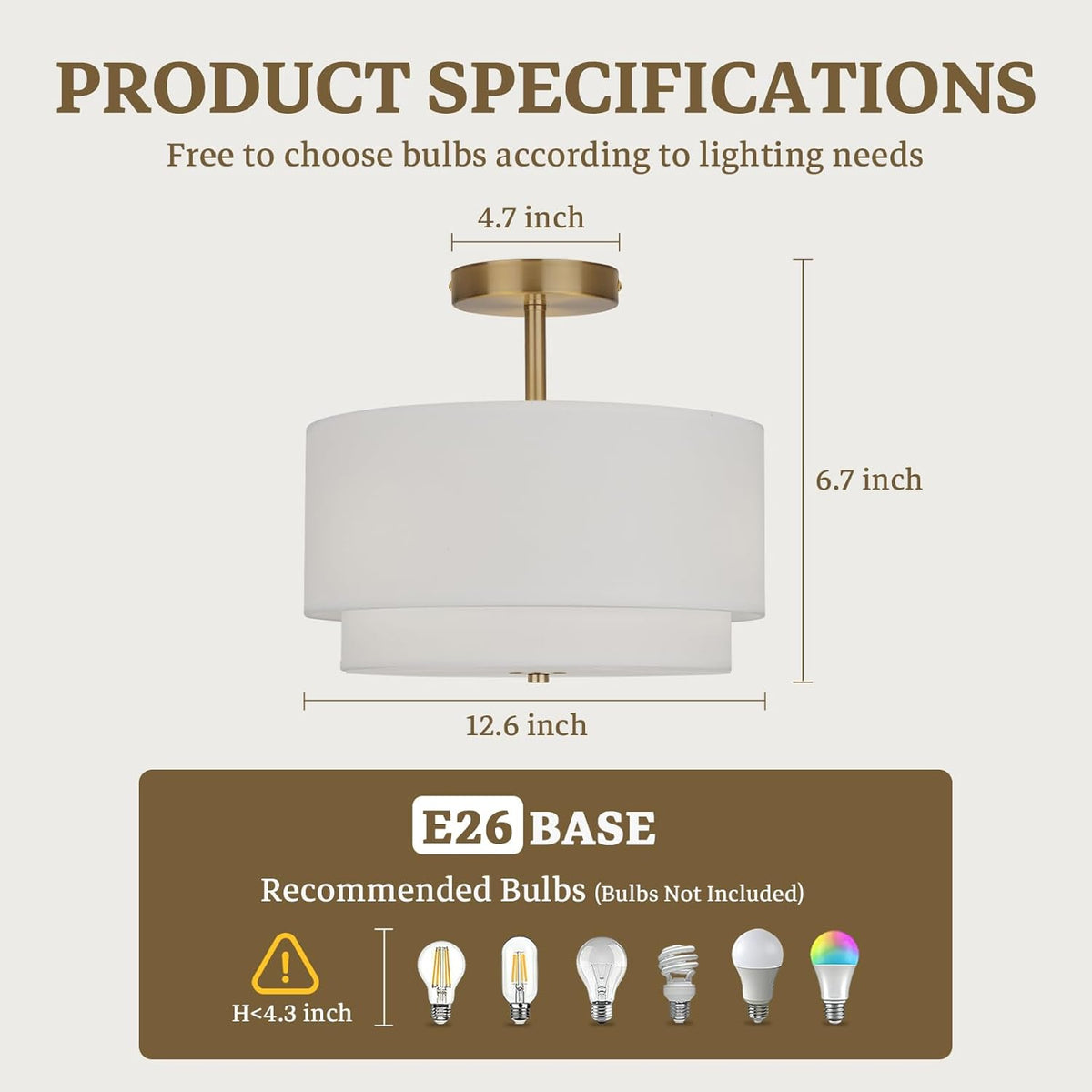 Vexagyle Gold Light Fixtures Ceiling Mount,12.6'' Semi Flush Mount Ceiling Light Fixtures,Nursery Light Fixture with 2-Layer White Shade,Modern Drum Ceiling Lights for Bedroom,Living Room,Hallway