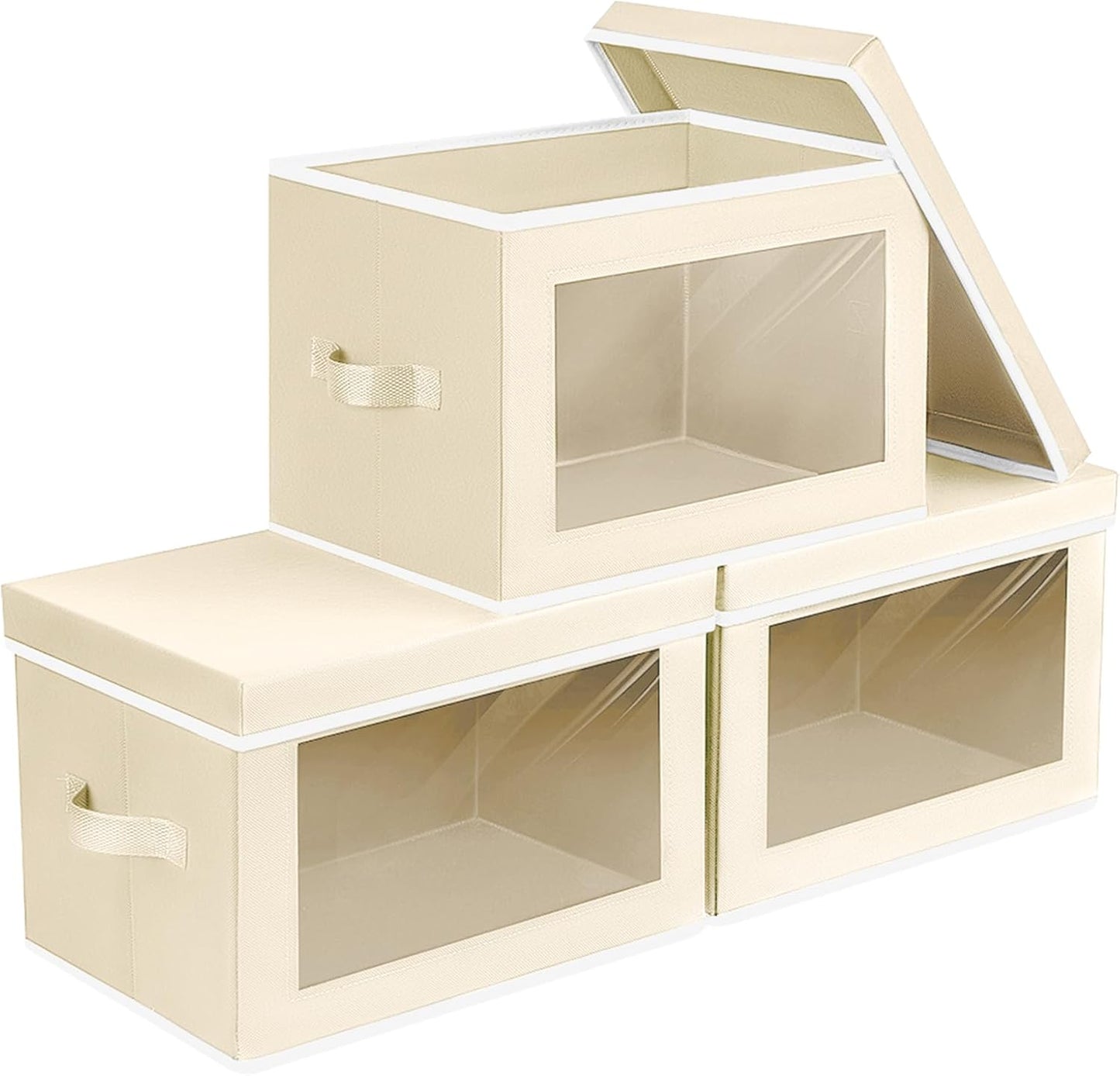 Homsorout Storage Boxes with Lids - 3 Pack Fabric Clear Window Storage Bins, Collapsible Storage Bins with Lids, Linen Closet Organizer for Clothes, Towel, Blanket, Beige