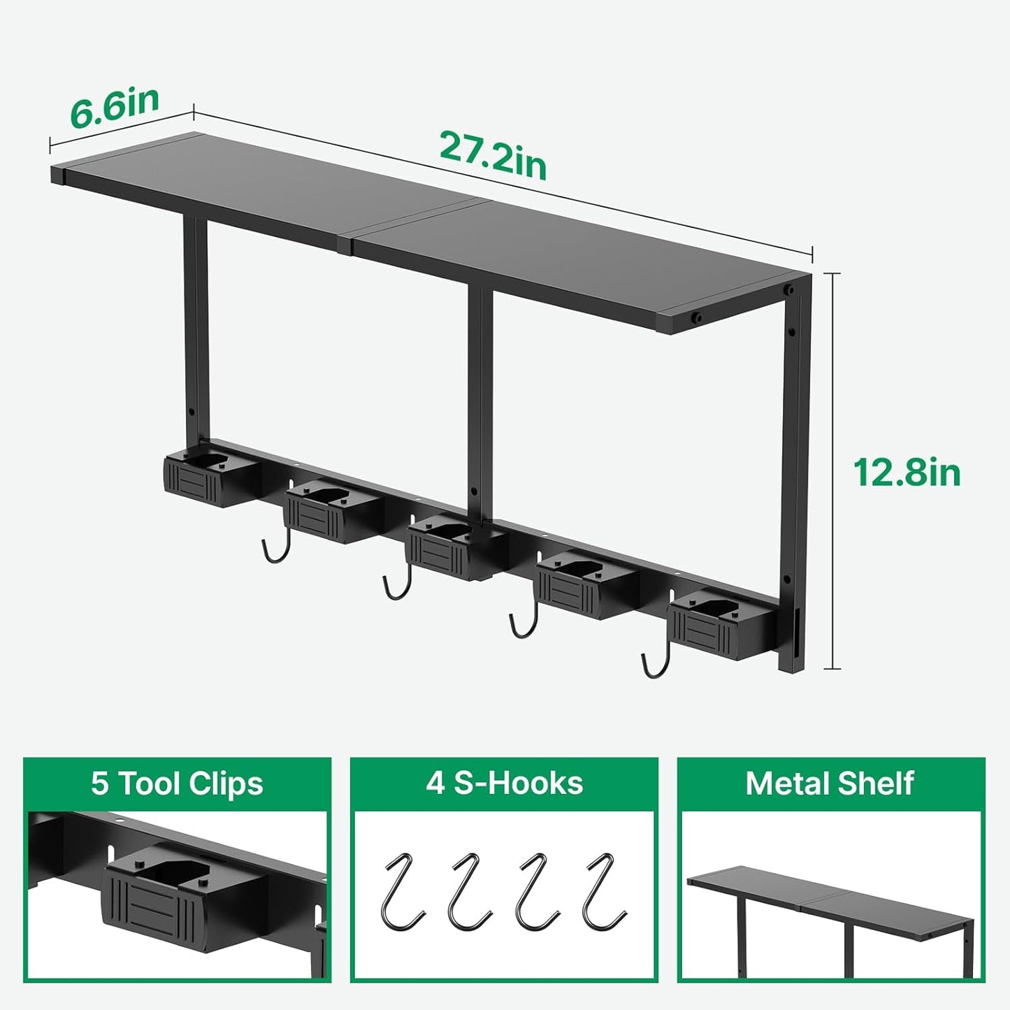 CCCEI Broom and Mop Wall Mount with Shelf, Laundry Room Cleaning Tools Organization Hanging Rack with Hooks, Bathroom, Garage, Garden Organizers and Storage. All Metal, Black, 2 Pack.