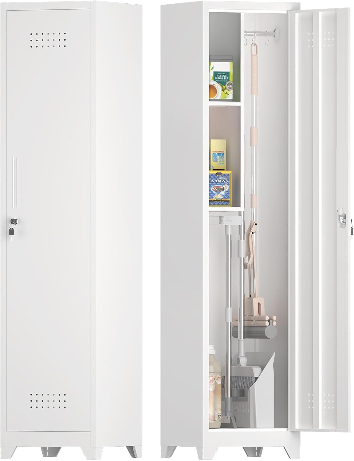 LUCYPAL Broom Closet Storage Cabinet,65" H Metal Cleaning Tool Cabinets with Hooks and Hanging Rods,Slim Utility Closet Cabinet for Garage,Utility Room,Gym,Mops,Kitchen,White