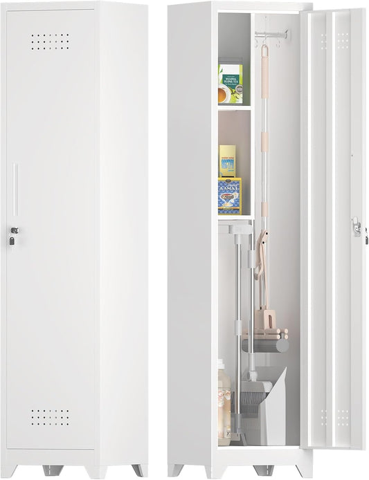 LUCYPAL Broom Closet Storage Cabinet,65" H Metal Cleaning Tool Cabinets with Hooks and Hanging Rods,Slim Utility Closet Cabinet for Garage,Utility Room,Gym,Mops,Kitchen,White