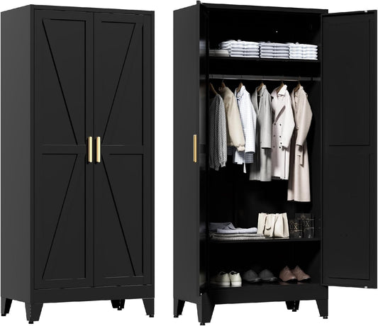 Washsemba 71'' Farmhouse Metal Wardrobe Cabinet with Hanging Rod, 2 Barn Door Wardrobe Closet with 2 Adjustable Shelves,for Dining Room,Bedroom,Living Room, Cloak Room,Office (Black)