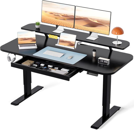 COMHOMA Electric Standing Desk with Drawers, 48 x 24'' Sit Stand up Desk with Monitor Stand, Laptop Stand, Height Adjustable Ergonomic Home Office Computer Desk with Memory Preset Controller (Black)