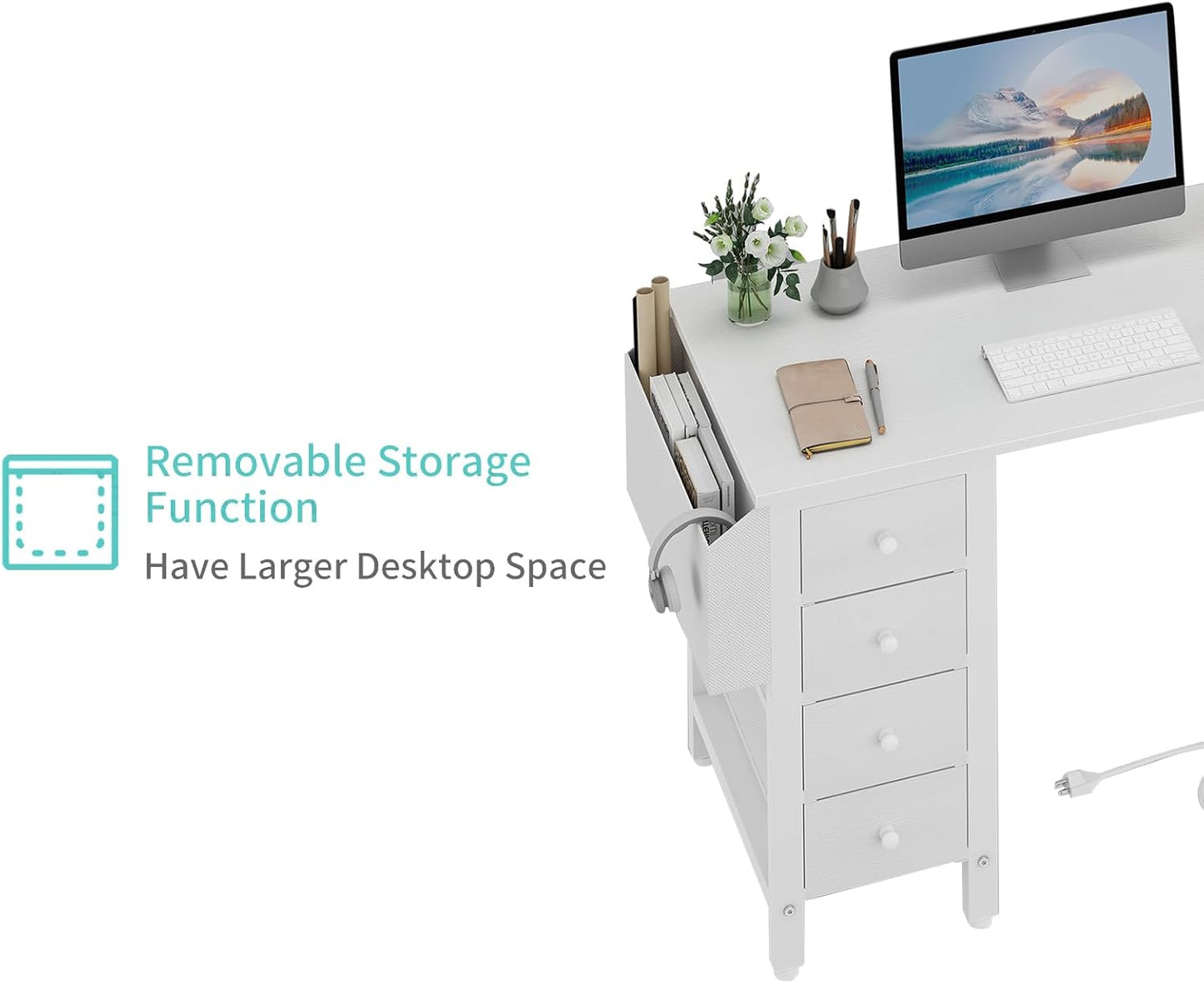 Lufeiya White L Shaped Computer Desk with Drawers & Storage Shelves, 47 Inch Corner Reversible Desk with Power Outlet for Home Office Bedroom, L-Shaped Teen PC Desks with Fabric Drawer, White