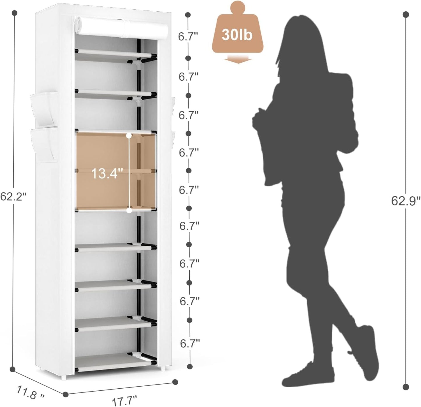 VILICK Shoe Rack with Cover Narrow Shoe Rack Organizer with 4 Side Pockets 10 Tier Tall Shoe Storage Shoe Shelf Holds 18-22 Pairs Shoes and Boots Shoe Rack for Closet, Printing