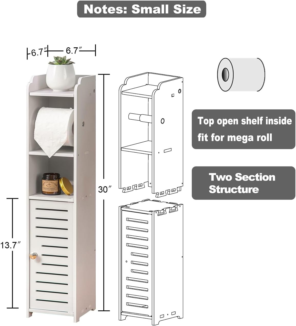 AOJEZOR Toilet Paper Holder Stand: No Drill PVC Small Bathroom Cabinet for Apartment Dwellers - Rental Deposit Protection - Small Space Storage Saving