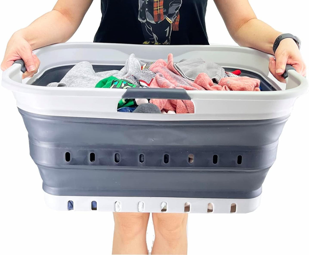 SAMMART 42L (11 gallon) Collapsible Plastic Laundry Basket - Foldable Pop Up Storage Container/Organizer - Portable Basket - Space Saving Hamper/Basket (Grey/Charcoal Black (Set of 2))