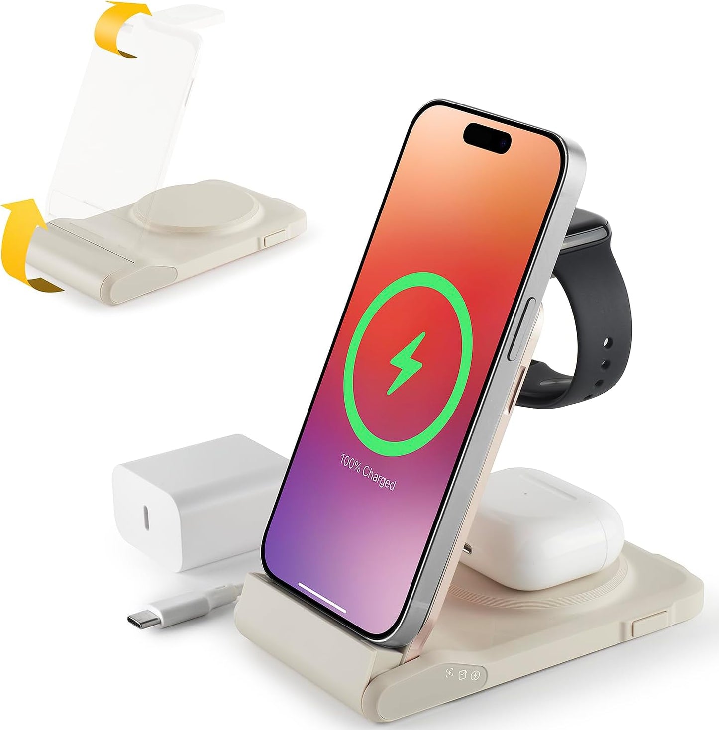 3 in 1 Charging Station for Multiple Devices,Travel Wireless Charging Station, Foldable Charger for iPhone 17 Air 16 15 14 13 12 Series,& Android Phone,& iWatch (USB-C Adapter Included)