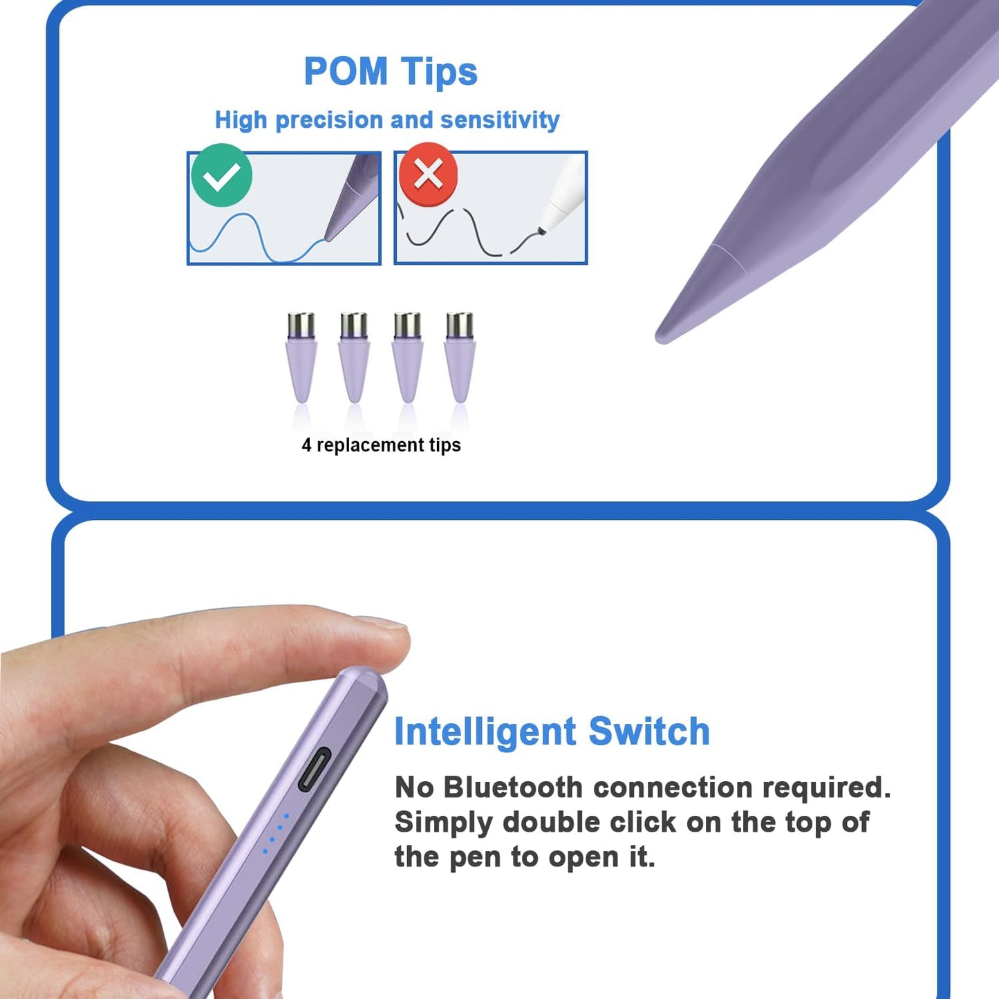 Stylus Pens for Touch Screens Power-Display Tablet Pen POM Tip Magnetic Digital Touch Pen Compatible with iPhone/iPad/iPad Pro/Lenovo/Nintendo Switch 2/Other Smartphone and Tablet Devices (Purple)