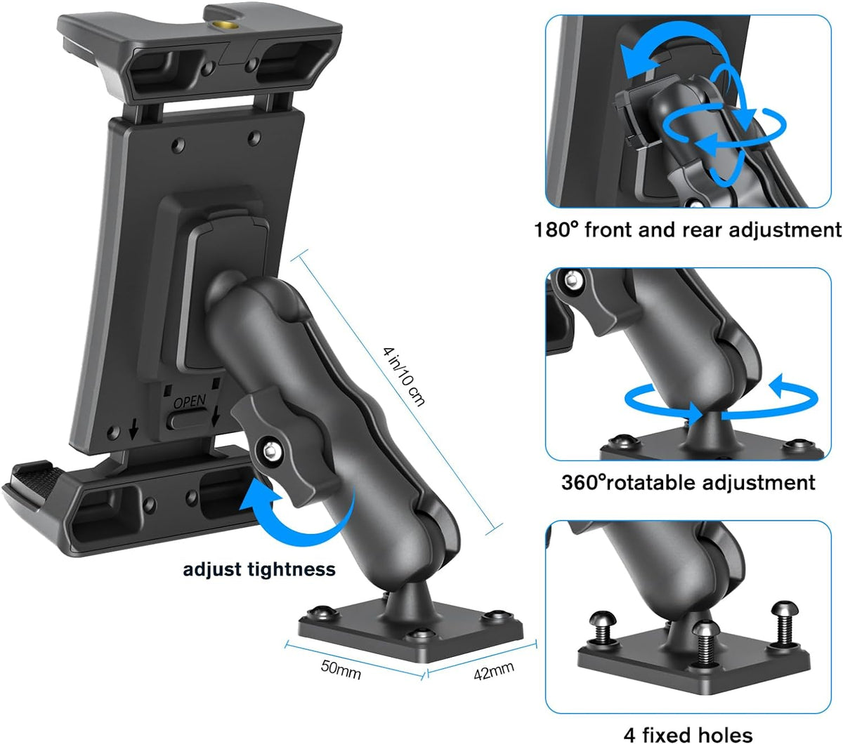 OHLPRO 4" Aluminum Arm Tablet Mount for Truck - Heavy Duty Drill Base Car Tablet Holder Compatible with iPad Samsung Tab 5"-13" Tablets and Phones, for Dashboard/Wall/Business/Desktop, etc.