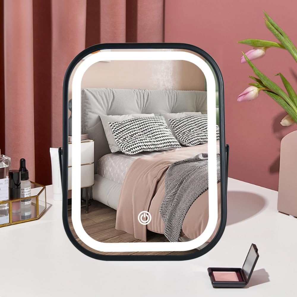 YEKKOPT Travel Mirror with Lights, Small LED Makeup Mirror with Lights,Portable Desk Mirror 1200mAh Battery,3 Color Modes,Dimmable Touch Screen, Tabletop Folding Compact Mirror,Women Gift