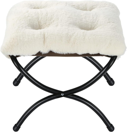 15" Faux Fur Upholstered Folding Foot Rest Stool with Metal Frame Beige
