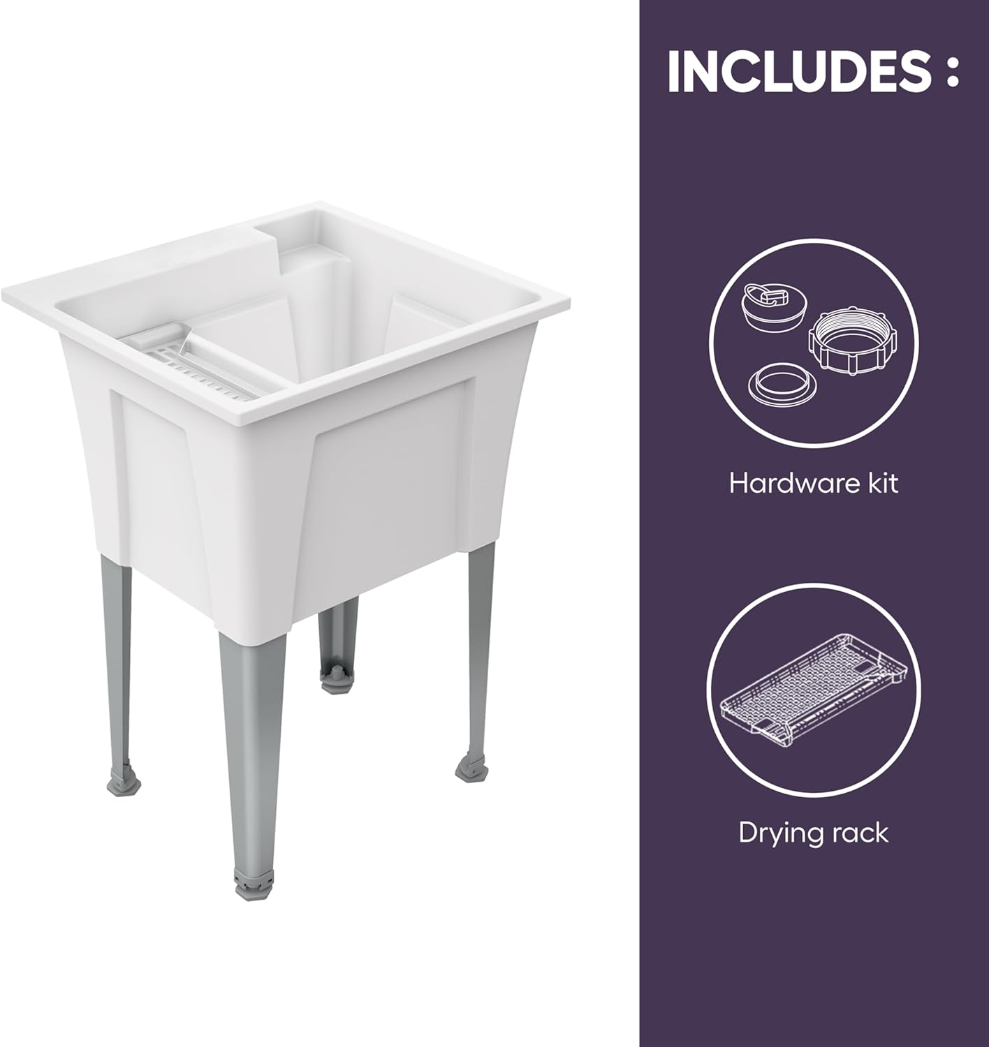 Standing Utility Sink with Steel Legs – 24” Space Saver Utility Sinks for Laundry Room, Garage, Garden, Basement – Noah William Home Indoor and Outdoor Basement Wash Tub (WHITE)