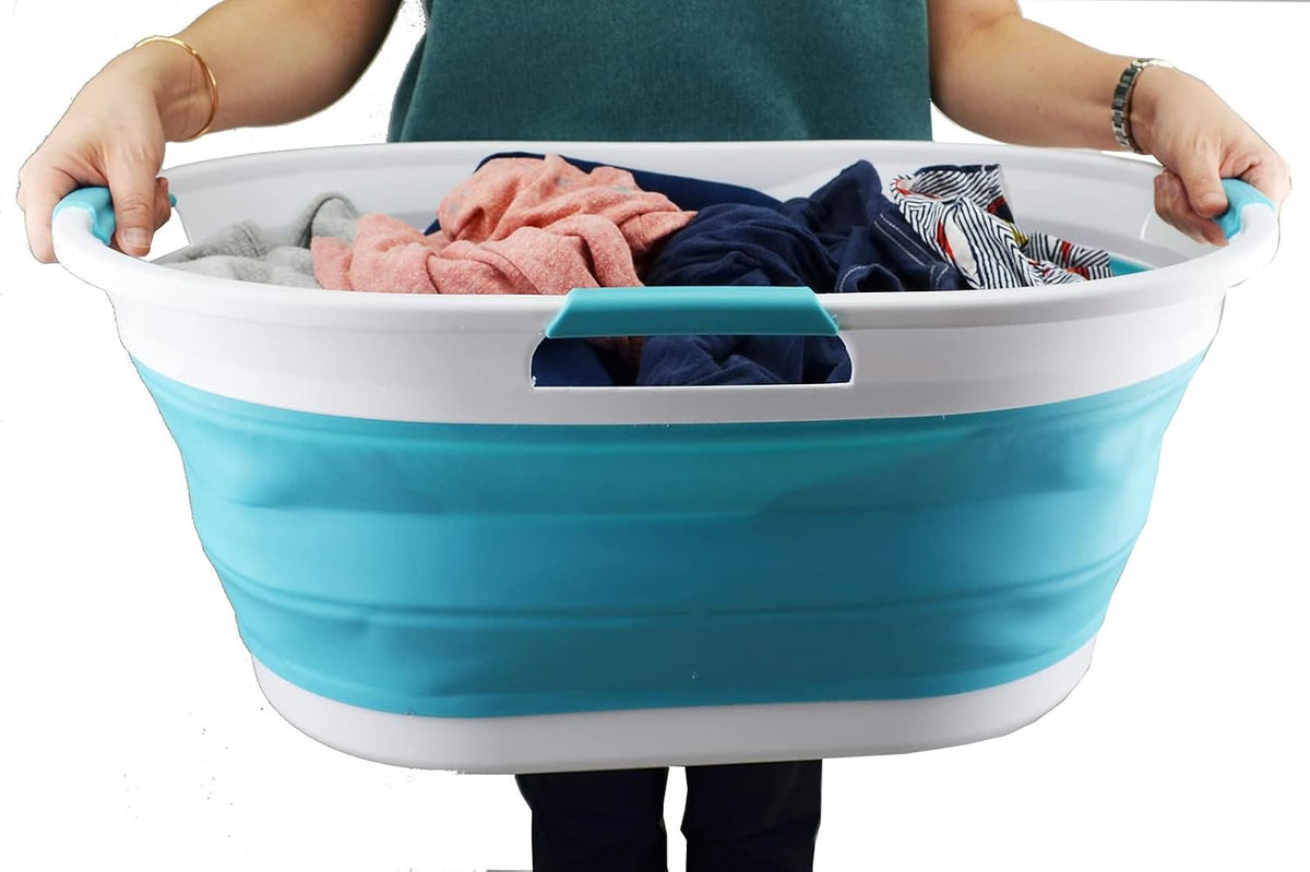 SAMMART 44L Collapsible Plastic Laundry Basket - Foldable Pop Up Storage Container/Organizer - Portable Washing Tub - Water Capacity: 35L (1, White/Bright Blue), Size : 25.4 x 17.8 x 10.6 inches