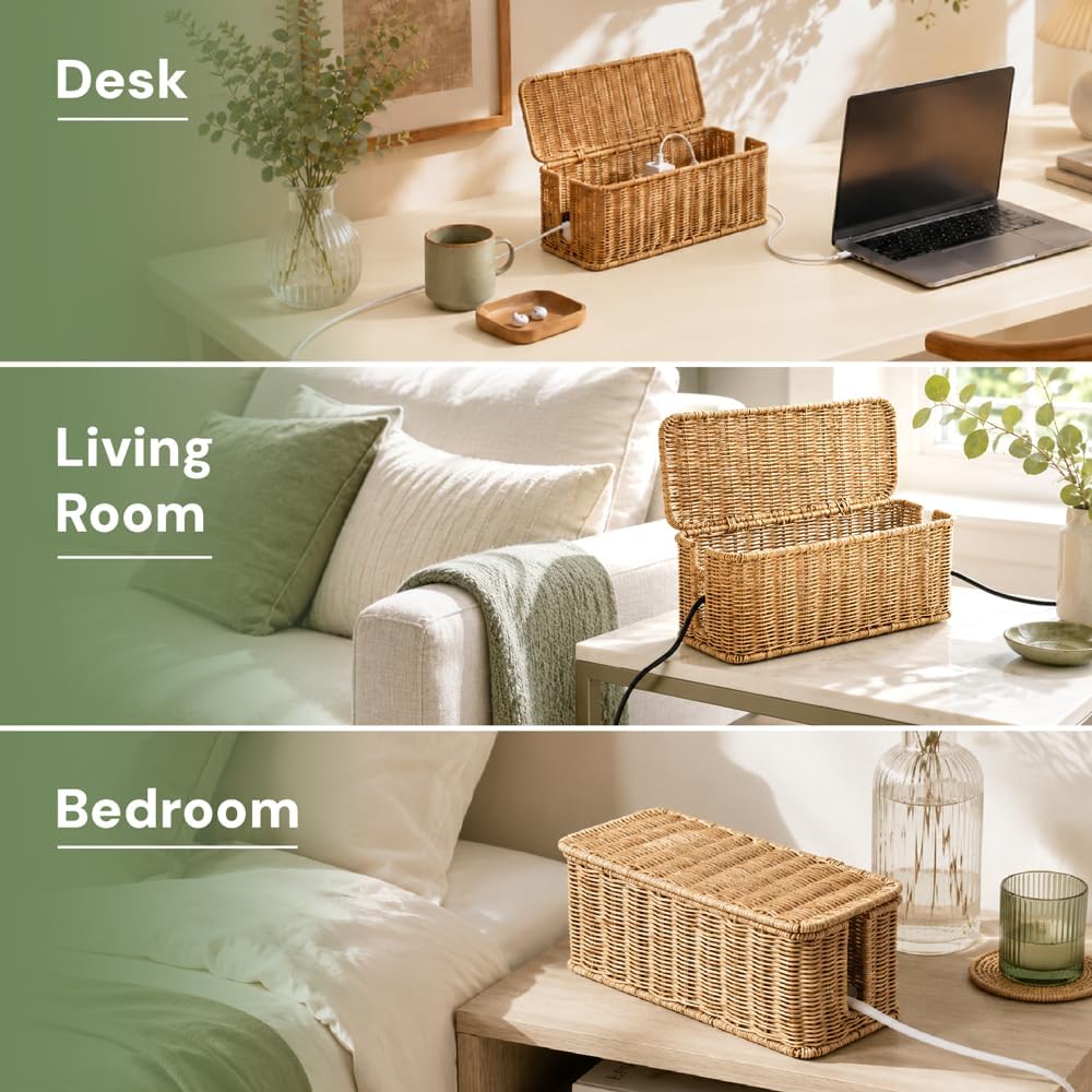 Cable Management Box, Handmade Rattan Cord Organizer for Power Strip | Open Slots Cord Hider for Power Strip, Router & USB Hub, Registered U.S. Design Patent