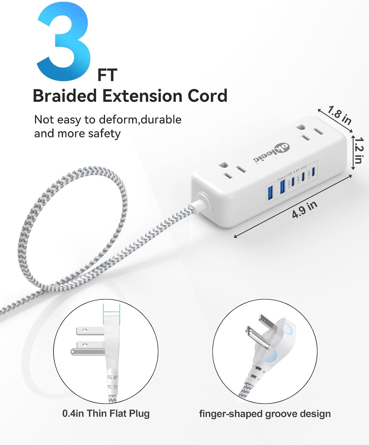 Power Strip with USB C, Small Extension Cord with 4 Outlets & 2 USB-A and 3 USB-C Ports 4.8A/24W Charging Station, 3 Ft 2 Sides Outlet Extender Non Surge Protector for Cruise Ship Travel Office Dorm