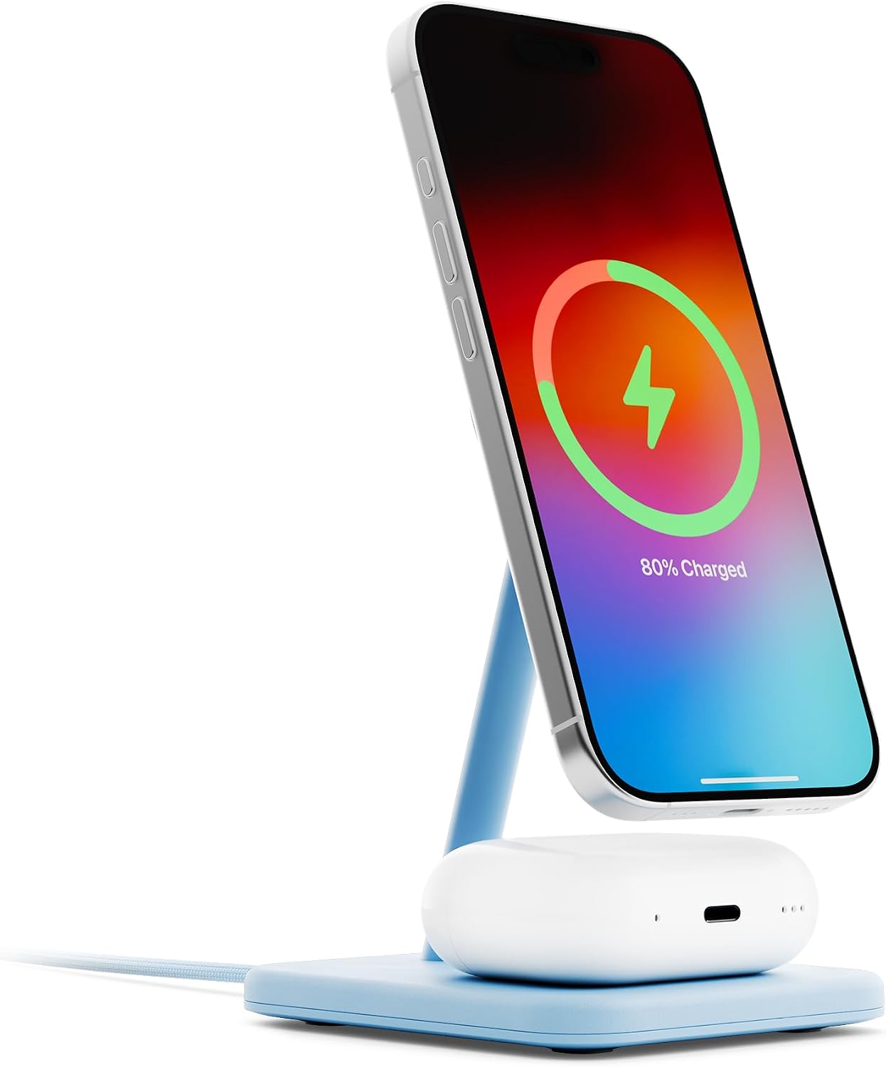 Twelve South HiRise 2 Deluxe 2-in-1 Wireless Charging Station, Glacial Blue | The Qi2 magnetic arm delivers 15W to your iPhone while the 5W base tops up AirPods Pro; tilts 70 degrees for StandBy mode.