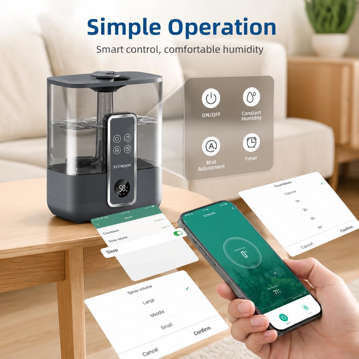 FLYMOON Humidifier for Bedroom, Top Fill 5L Cool Mist Humidifiers with 28dB, Smart Humidifier for Large Room, Plants, Auto-Off, 12H Timer, 50 Hour Runtime,Tuya App Control, Black