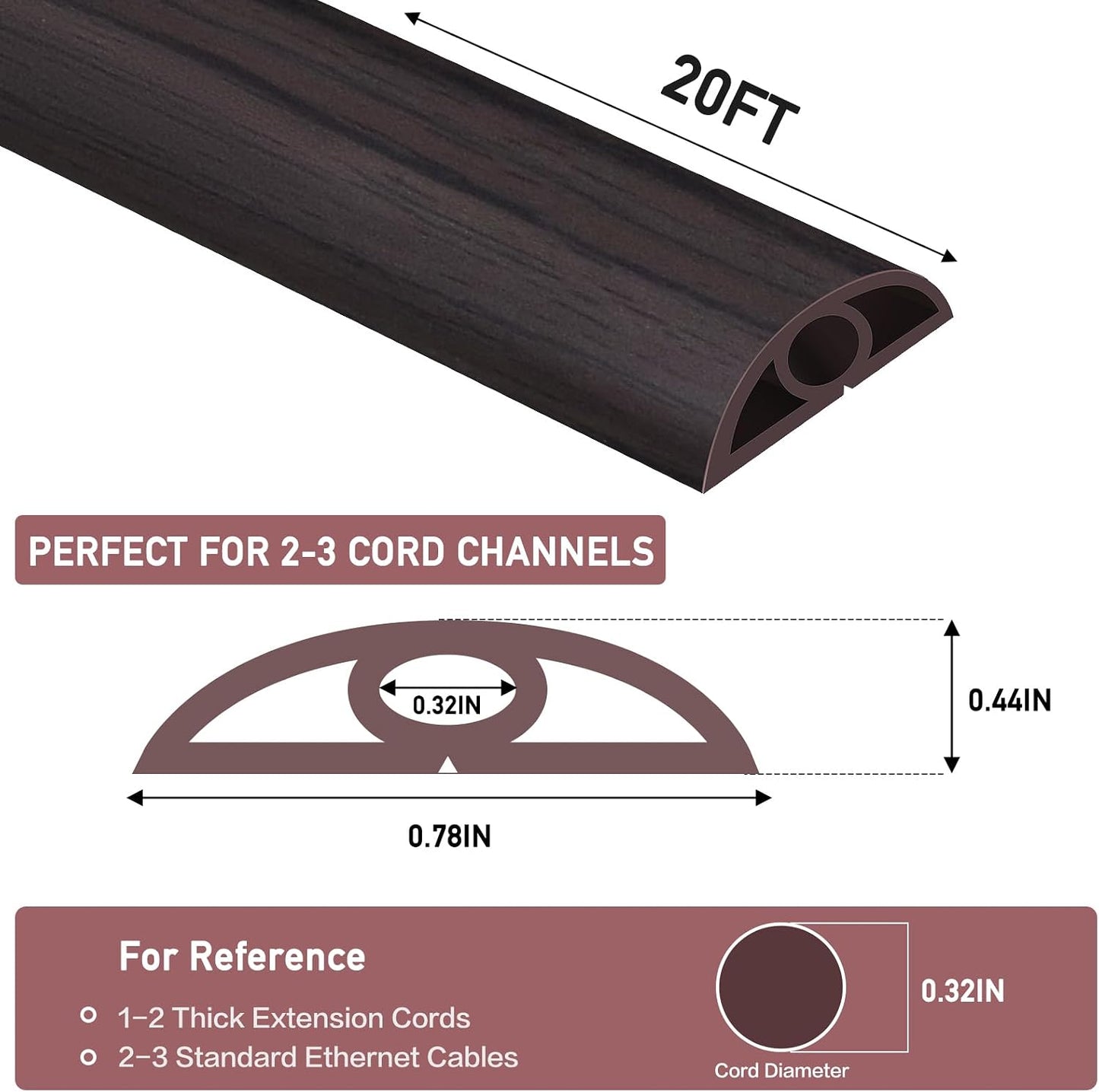 LSGCQ Floor Cord Cover Self Adhesive Cord Hider Floor Cable Management | Cord Covers for Wires on Floor Cable Cover, Prevent Cable Trips, Cable Cavity 0.32" W x 0.32" H, 20Ft, Dark Walnut