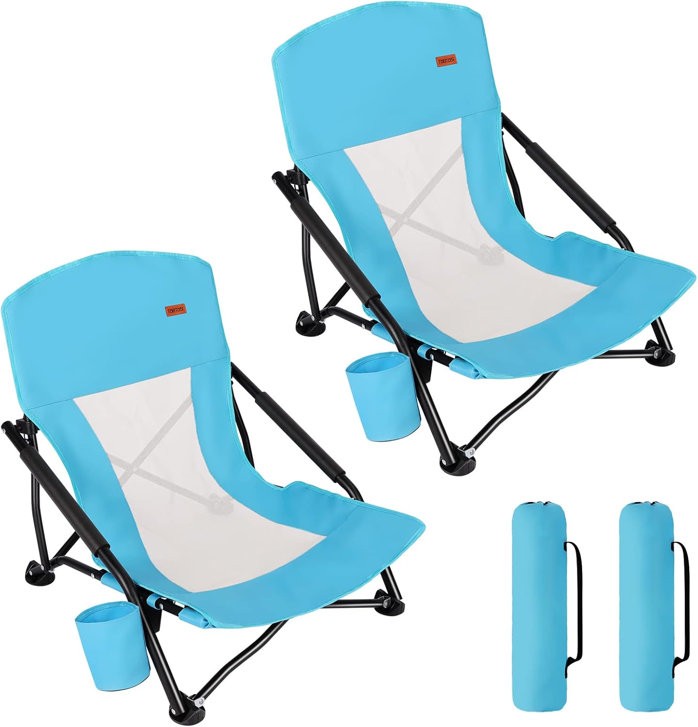 TOBTOS Low Beach Chair for Adults 2 Pack, Low Profile Folding with Cup Holder & Carry Bag, Heavy Duty Chair for Outdoor Sand, Camping, Concert, Travel